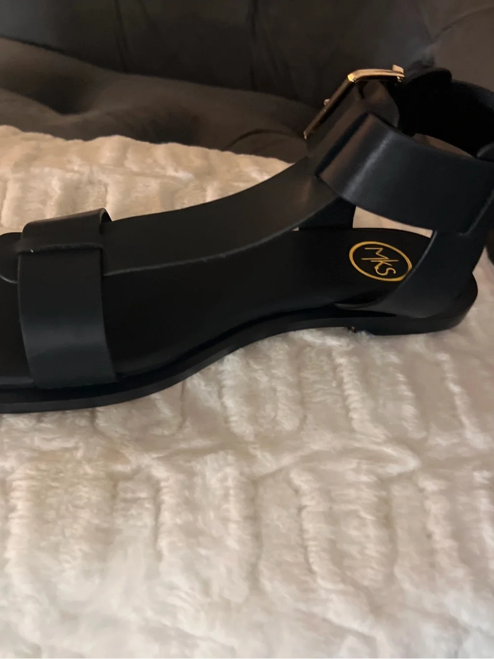 Black Leather T-Strap Ankle Buckle Sandals - Women - Picture 4 of 6